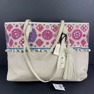 Embroidered Beige and Pink Tote Bag